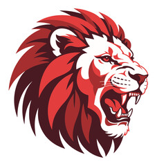 Fototapeta premium A fierce roaring lion head mascot logo design featuring bold red and white colors isolated on a white background