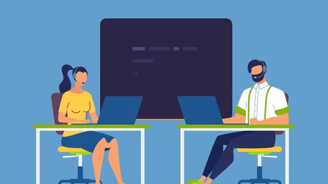 2D Animated Male and Female Developers Working on Laptops at Office Desks with Code Screen Flat Vector Character Animation Footage