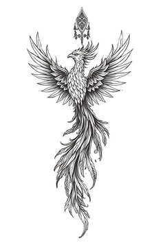 Detailed Majestic Phoenix Rising Tattoo Design Illustration Isolated on White