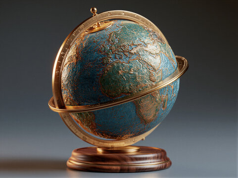 Detailed terrestrial globe on polished walnut base with brass meridian in cinematic studio lighting. Centered composition with right-side copy space, ideal for corporate and educational campaigns.