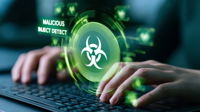 Cybersecurity specialist detecting malicious code injection attacks on secure digital infrastructure systems interface.