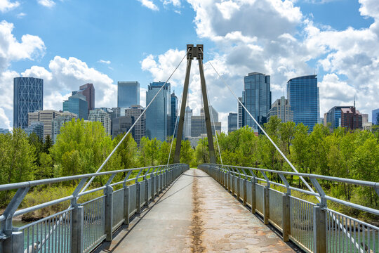 Bow River bridge crossing towards Calgary downtown skyline