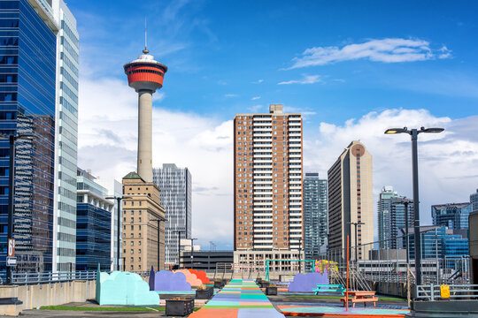 Downtown Calgary skyline from a colorful rooftop park