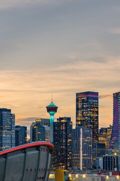 Calgary city skyline with illuminated buildings at dusk