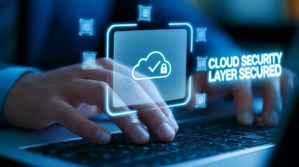 Fototapeta premium Cloud security layer secured concept displaying digital data protection technology shielding information systems infrastructure.