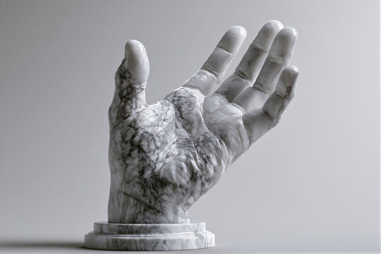 White marble hand sculpture with open palm against a gray gradient. Cinematic light reveals polished stone on a clean base. Right negative space ideal for corporate branding and web headers.