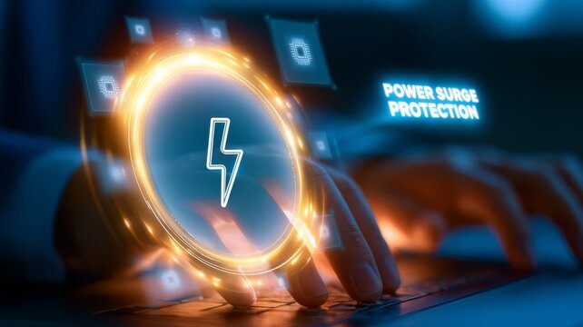 Digital power surge protection concept featuring advanced technology cyber security shielding for modern electronic equipment infrastructure.