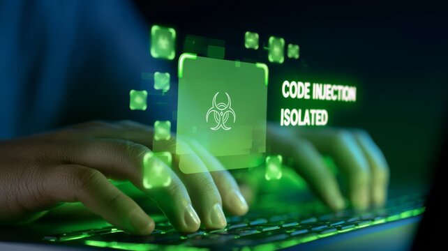 Cybersecurity expert detecting computer code injection attacks and isolating malicious software threats on digital network systems.