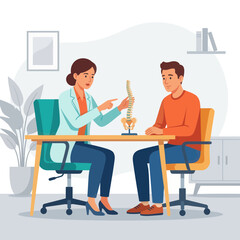 Fototapeta premium Doctor explains spine anatomy to patient in medical consultation, flat vector illustration.