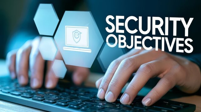 Professional hands typing on computer keyboard showing cyber security objectives concept graphics with shield icons and digital network connectivity elements.
