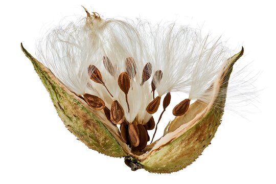 Open milkweed pod with seeds and fluffy white pappus isolated on white background