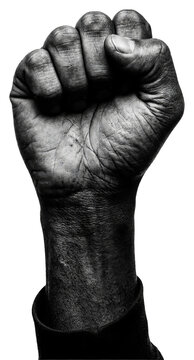 Close up of a clenched fist raised in the air.
