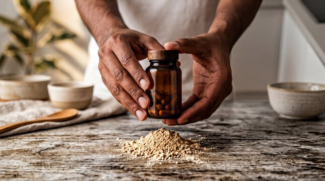Indian Man's Hands Holding Maca Supplement for Natural Health & Vitality