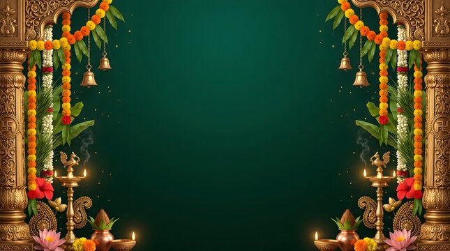 Traditional indian festival background with golden pillars with pillars marigold garlands