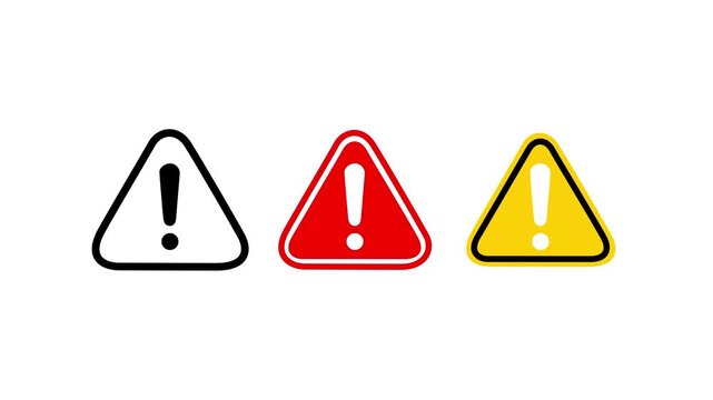 Warning triangle icon set motion video, red yellow and black exclamation caution signs for hazard alert, safety notice, risk prevention, emergency symbol. Warning and alert icon collection.