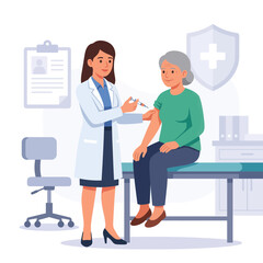 Obraz premium Doctor administering vaccine injection to elderly patient in clinic, flat illustration style