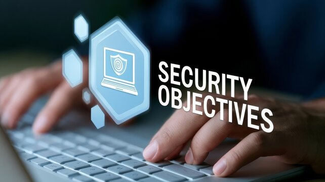Professional hands typing on laptop keyboard with digital security objectives infographic for cyber protection strategy.