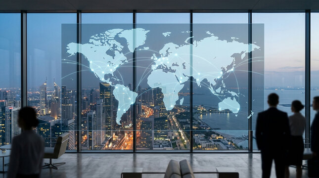 Business people observing a global world map network projection in a modern office building overlooking a city