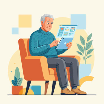 Elderly Man Using Tablet for Health Data Analysis, Flat Design Illustration