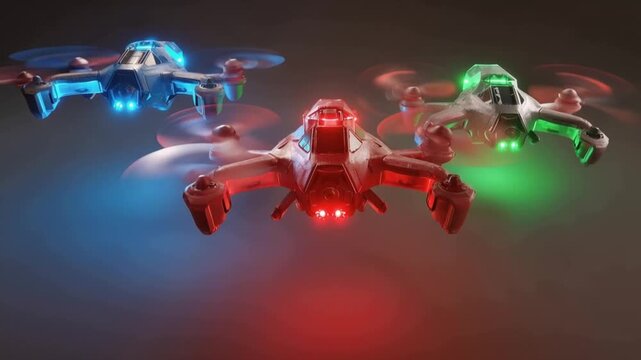 Three futuristic drones, illuminated with vibrant red, blue, and green lights, hover in mid-air. ..Created with Generative AI, not depicting real subjects.