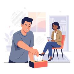 Fototapeta premium Psychotherapy session: patient taking tissues while therapist takes notes