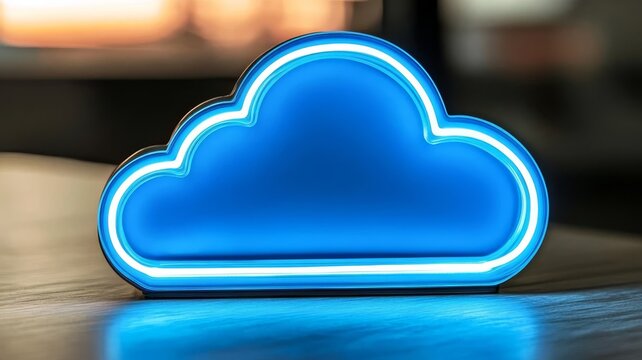 Glowing blue neon cloud symbol representative of modern cloud computing technology digital storage data services concept design.