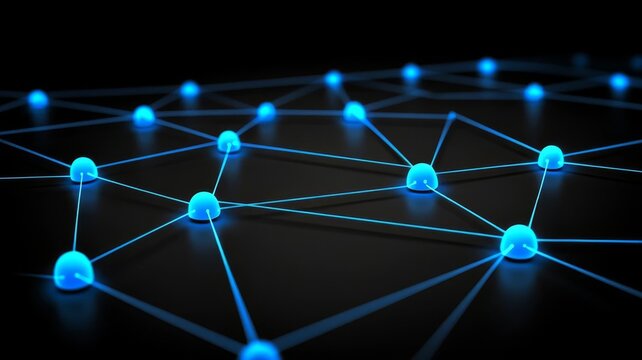 Abstract glowing blue neural network nodes connected by lines on dark background illustrating digital data connectivity concept.