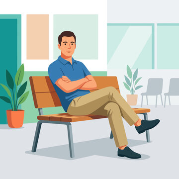 Man sitting on bench with crossed arms in waiting room, simple flat illustration style.