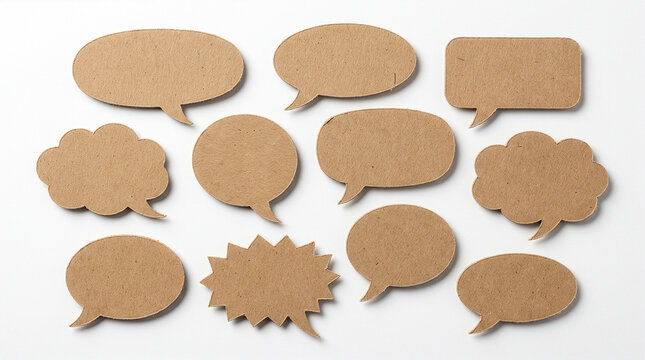 Set of brown kraft paper comic speech bubbles isolated on pure white.