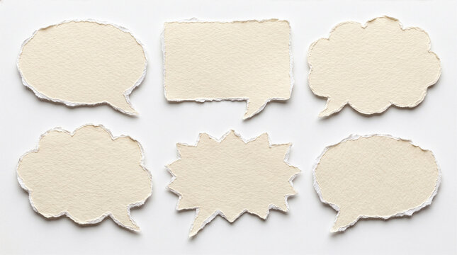 Blank torn paper speech bubbles with rough edges isolated on white.