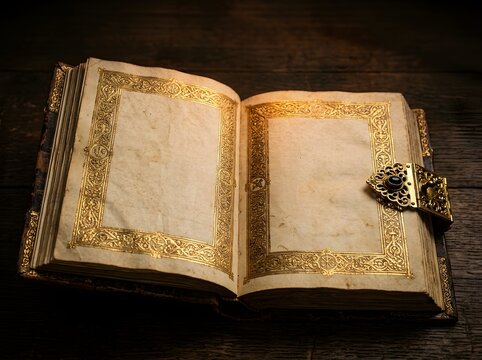 An open antique book with blank pages and ornate gold leaf filigree borders resting on a dark wooden surface