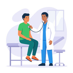 Obraz premium Doctor examining patient with stethoscope in clinic, flat vector illustration representing healthcare and medical check-up.