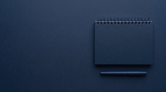 Minimalist Dark Blue Notebook and Pen on a Solid Background.