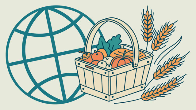 Global food supply concept with grocery basket, fresh vegetables, bread and wheat beside globe, agriculture and international food trade illustration
