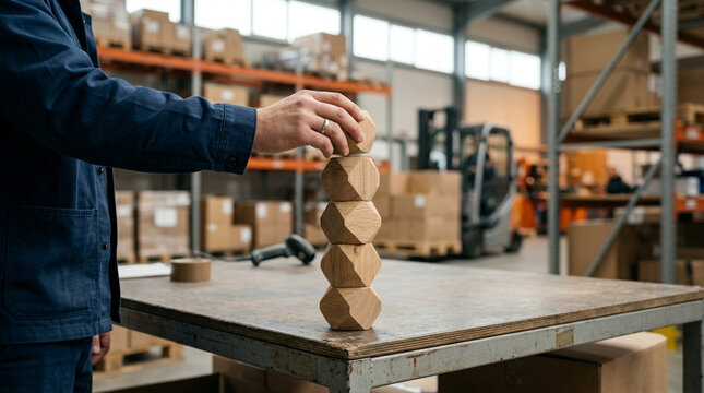 Business professional carefully stacking wooden blocks in a busy warehouse during daytime