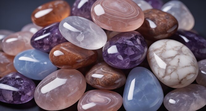 Polished semi precious gemstones piled in close up showing glossy surfaces and varied colors, studio lit still life highlighting textures, patterns and mineral details