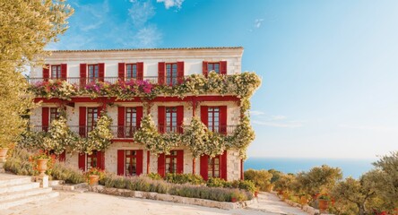 Obraz premium Sunlit coastal stone house with red shutters and flowering balconies overlooking sea, terraced pathway and potted plants creating mediterranean exterior scene