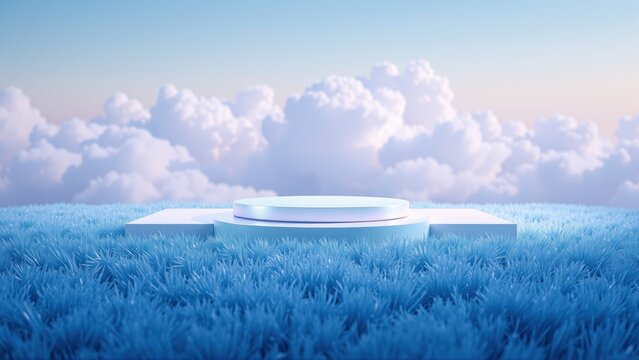 Minimalist stage amid fluffy clouds, blue grass. Soft lighting creates serene, dreamy presentation space. Ideal product display.