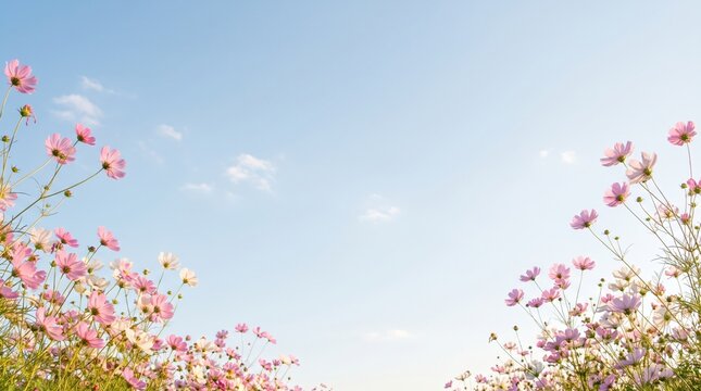 秋晴れの澄み切った青空の下で優しく咲くピンクのコスモス畑
