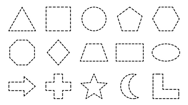 Collection of Dotted Line Geometric Shapes Including Triangle Square Pentagon Hexagon Octagon Diamond Trapezoid Oval Arrow Cross Star Crescent Moon and L-Shape