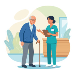 Fototapeta premium Nurse Consults Elderly Patient with Cane, Flat Design Vector Illustration
