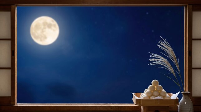 十五夜のお月見飾り：満月と三方に盛られた月見団子とススキの和風夜景