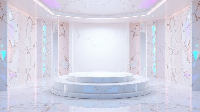 Elegant stage design. White marble walls, round platform, soft lighting creates futuristic showroom ambiance. Minimalist, clean aesthetic.