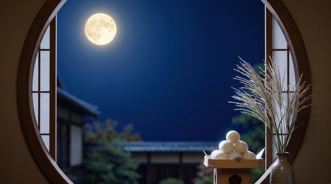 静寂な秋の夜空と満月を仰ぐ月見団子と揺れるススキの風景