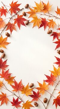 縦長構図：メッセージ用余白のある秋の紅葉とドングリのフレーム