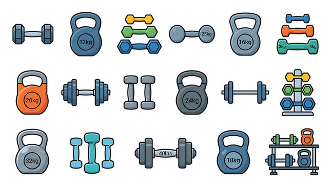 Collection of Pixel Art Dumbbell and Barbell Weights for Fitness and Exercise