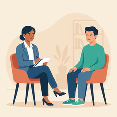Obraz premium Therapy session: counselor and patient in a calm, modern office. Flat design vector illustration.