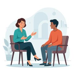 Fototapeta premium Therapy session illustration: Psychologist and patient talking in comfortable chairs, promoting mental health and support.