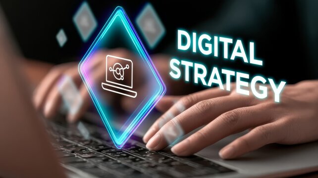Professional hands typing on laptop showcasing digital strategy concepts with glowing futuristic elements for business growth.