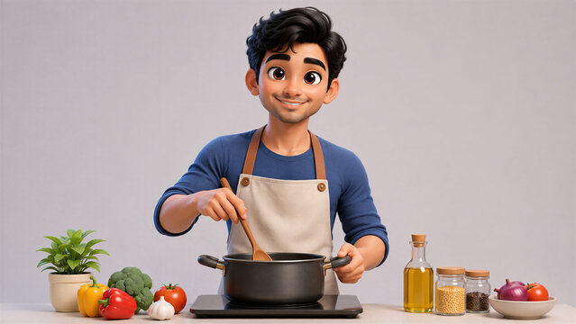 Young Man Cooking Healthy Meal in Modern Kitchen 3D Character